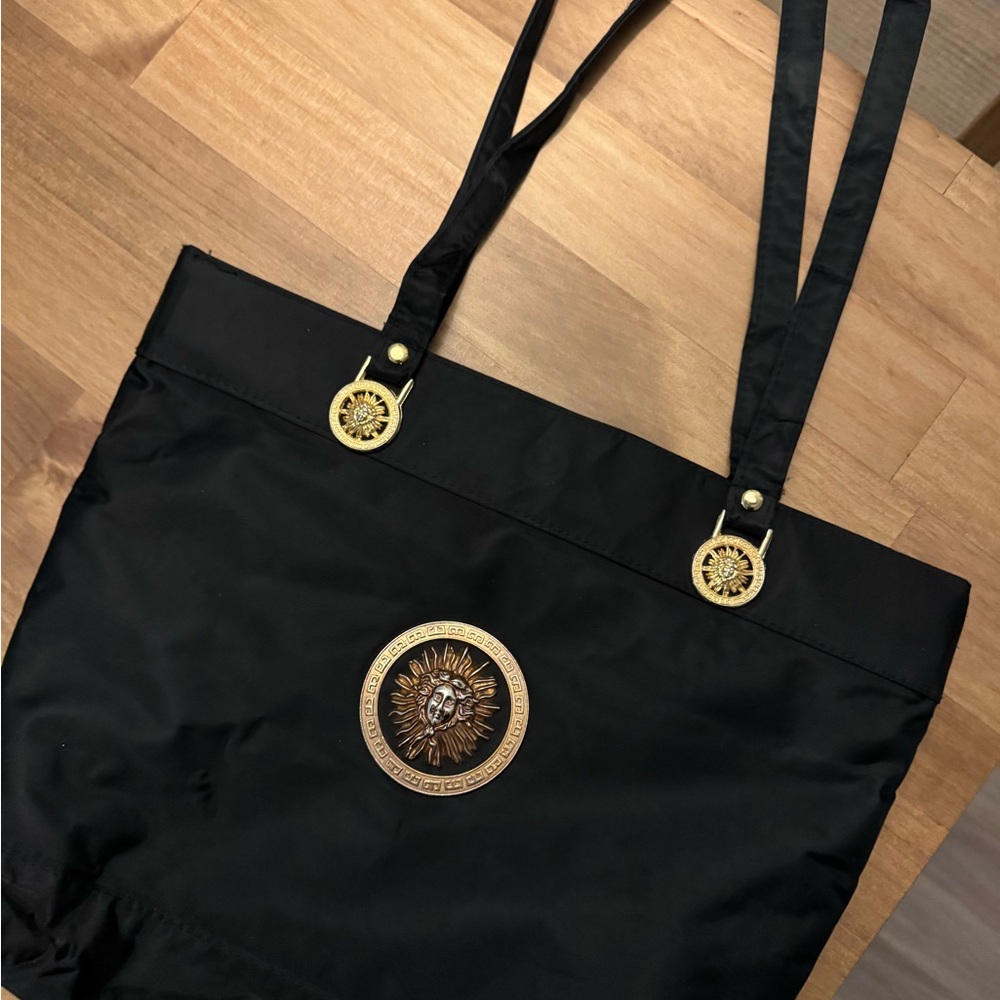 Vintage Versace Black Tote Bag with Gold Accents